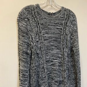 360 Cashmere Black White Cable Knit Crew Neck Sweater Exposed Back Zip Size M